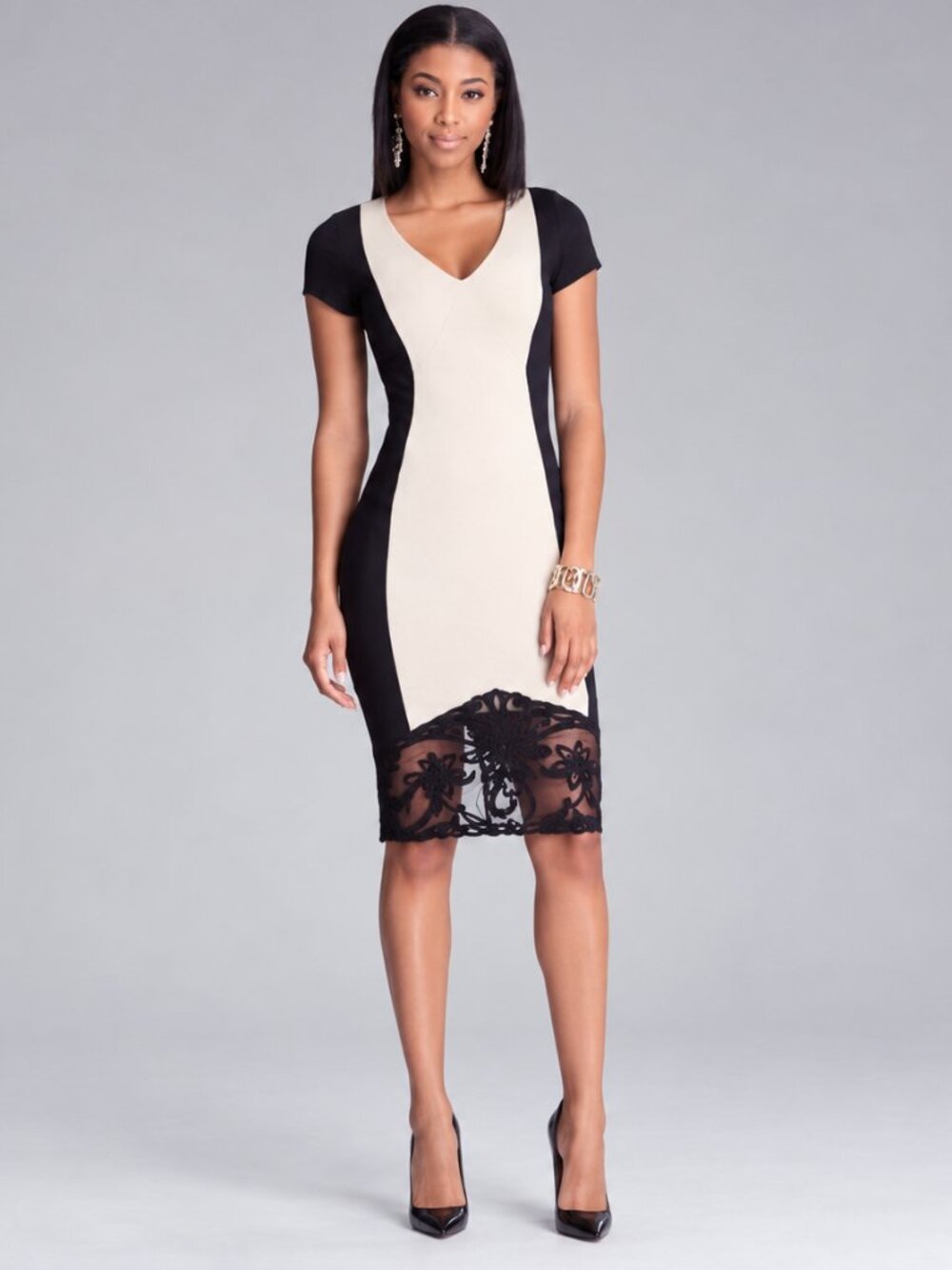 bebe Black & Cream Colorblock Lace Hem Bodycon Dress Size M